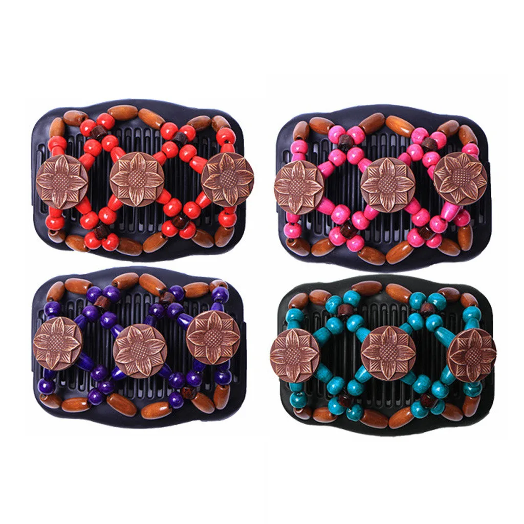 

1PC Elasticity Double Hair Comb Clip Women Magic Vintage Hair Comb Double Clips Wooden Hair Slide Beaded Double Comb