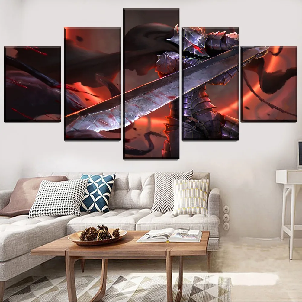 

High Quality Canvas Print One Set Modular 5 Pcs Armor Guts Sword Anime Berserk Poster Wall Art Cuadros Decor Framework Painting