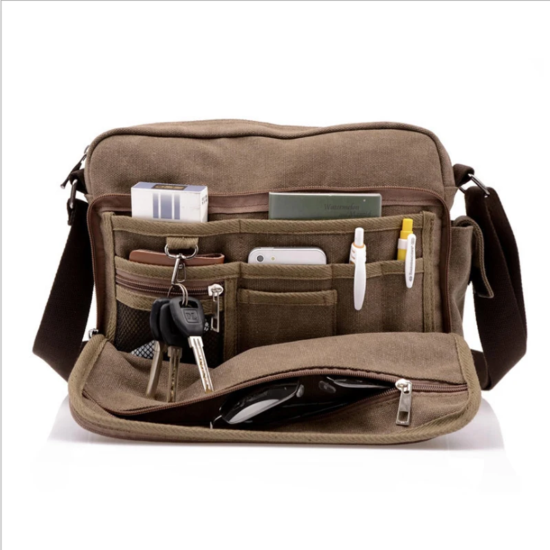 

2018 New Vintage Casual Men Messenger Bag High Quality Canvas Travel Shoulder Bag Business Travel Crossbody Bag Brown Khaki