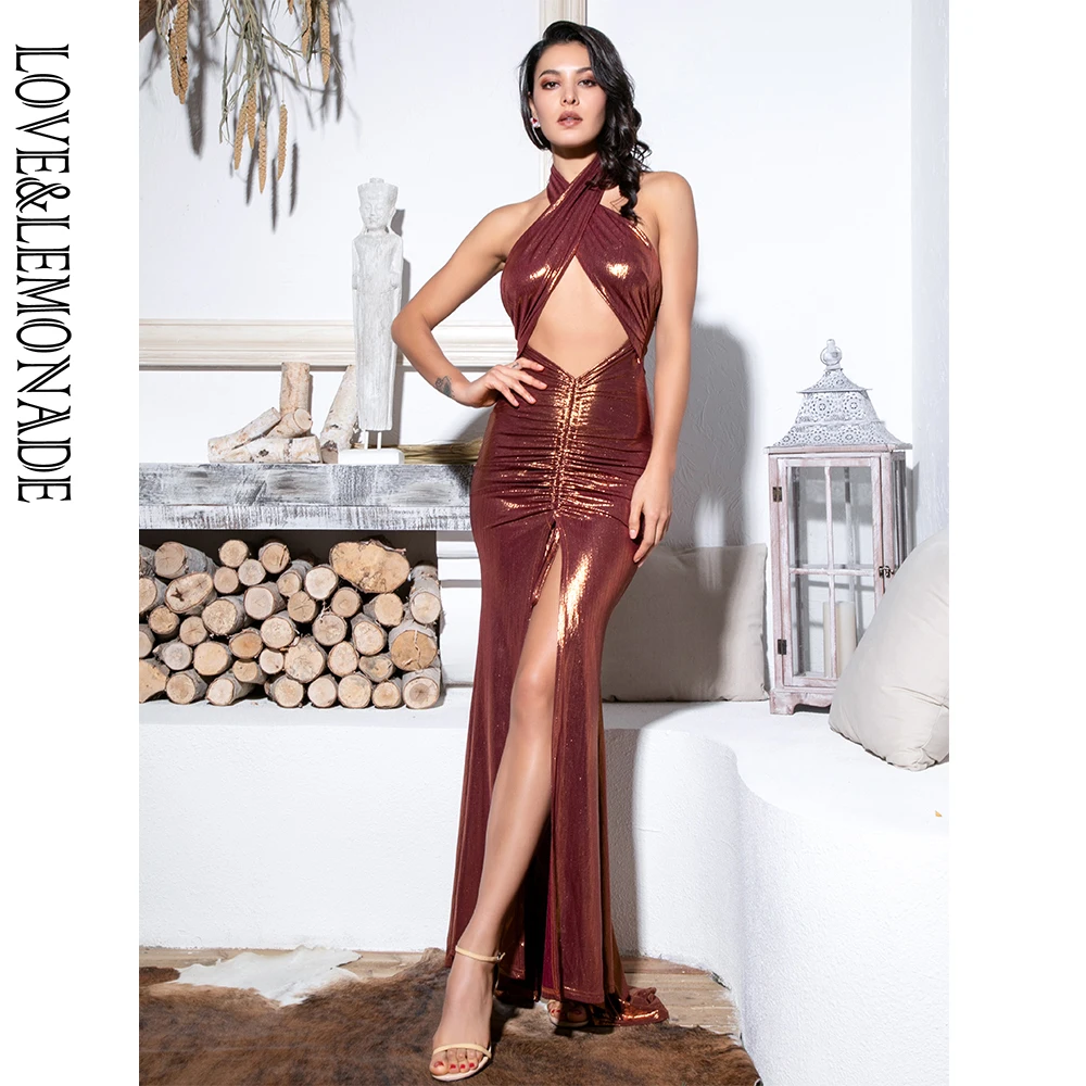 

Love&Lemonade Sexy Brown Cross Straps Cut Out Drawstring Decoration Glitter Print Fabric Bodycon Maxi Reflective Dress LM81751
