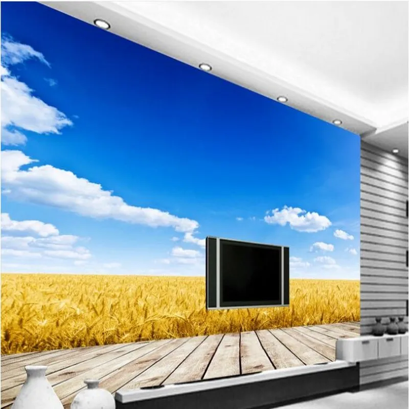 

wellyu Custom large - scale murals golden wheat field blue sky and white clouds TV wallpaper wallpaper papel de parede