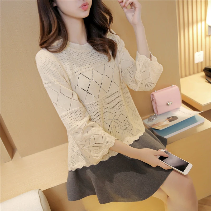 Spring Autumn New Fashion Openwork Solid Cropped Sleeve Loose Sweater Women Pullover Knitwear Jumper Female Tops RE2523 | Женская одежда