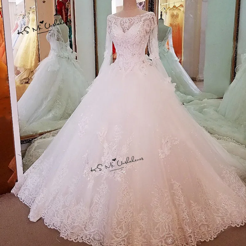 Vestido de Noiva Princesa Роскошные свадебные платья с длинным рукавом Кристаллы Свадебные платья с бусинами блесток Sparky церковное платье невесты