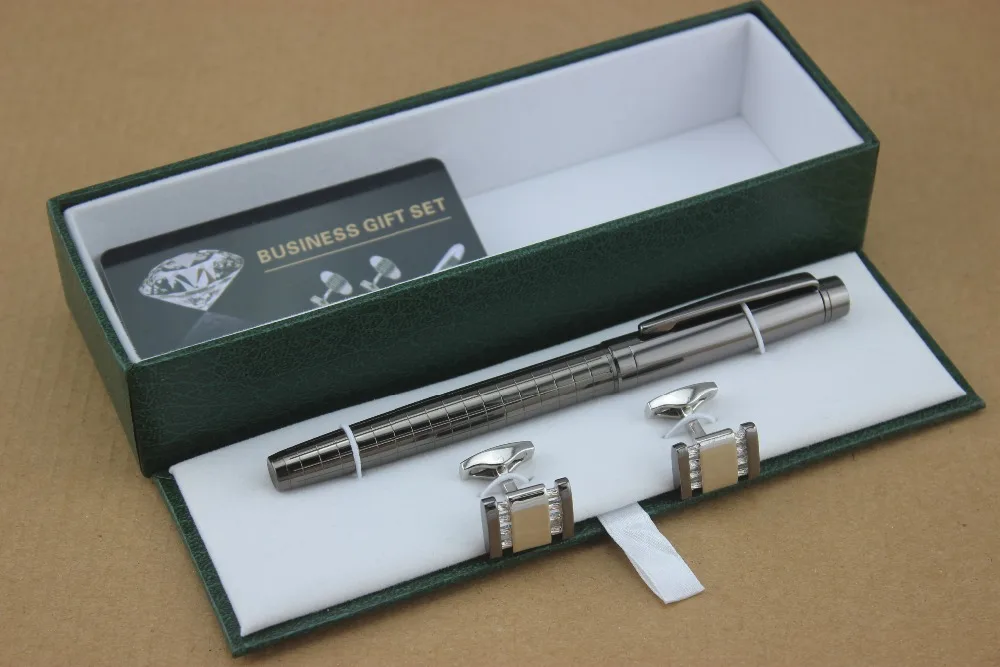 Luxury Metal Gray grid Roller Ball Pen and Cufflinks stationery