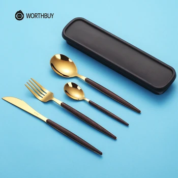 

WORTHBUY Western Gold Cutlery Set 304 Stainless Steel Cutlery Kitchen Knife Spoon Fork Dinner Set Portable Travel Tableware Set