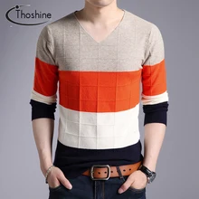 Бренд thoshine Весна Осень стиль для мужчин трикотажные тонкие свитера v-образный вырез пэчворк полосатый шерстяной пуловеры мужской Повседневный свитер верхняя одежда