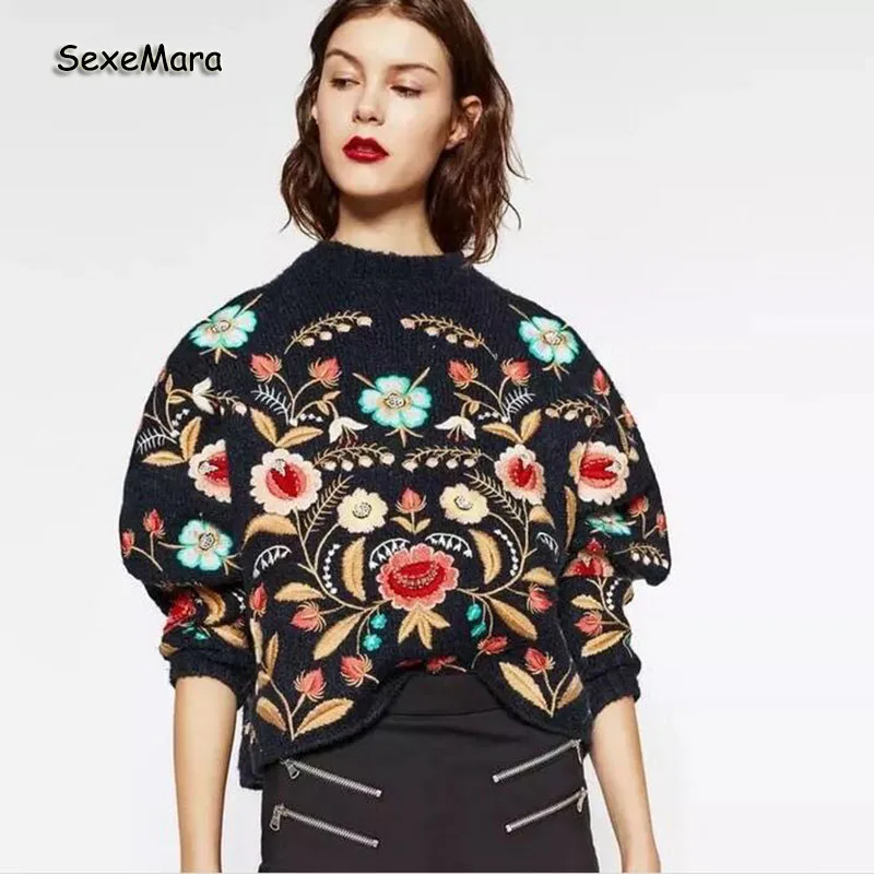 Новый 2017 Женщины Винтаж Вышивка Цветочные Мода Пуловер Свитер Свободные