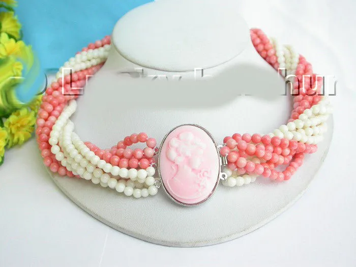 

W&O655 >AAA 10Stds natural pink white coral necklace lseashell