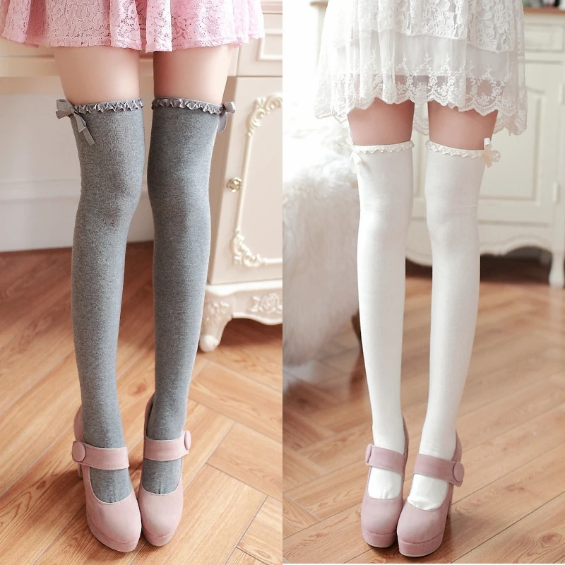 2015 Autumn Winter Warm Stockings Lady Ribbon Bow High Stockings Cute Girls Cotton Stockings Sexy Japanese Knee Socks