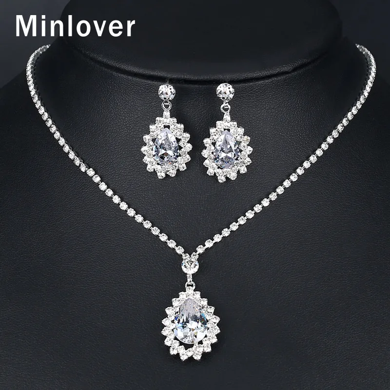 Minlover серебряный цвет кубического циркония слеза Свадебные Ювелирные наборы для