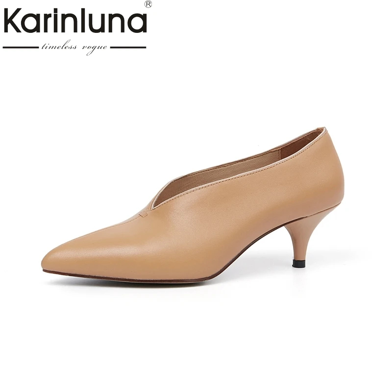 

KarinLuna 2018 cow leather slip on pointed toe women shoes woman thin High Heels Pumps women shoes Size 34-39