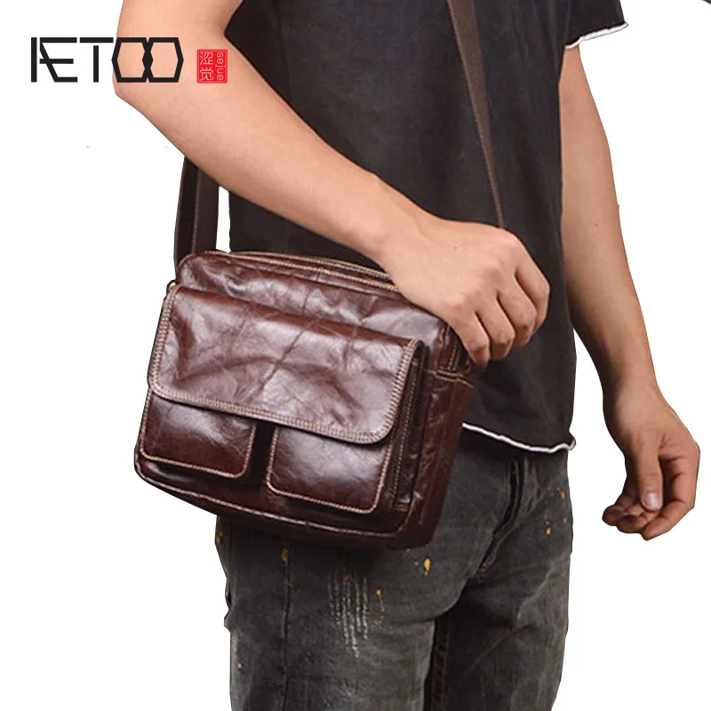 

AETOO New men's leather casual shoulder bag head layer of leather Messenger small square bag wild fashion bag