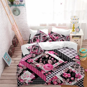 

New Flowers Bedding Set Floral Plaid Patchwork Duvet Cover Set Girl Sweet Bedding King Queen Bedclothes Pillowcase Home Decor