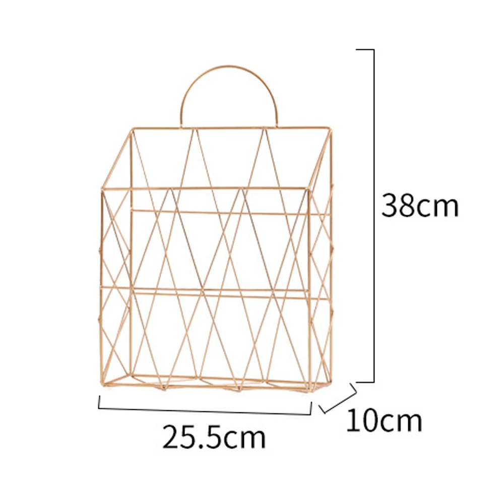 Металлическая Золотая корзина для хранения, модная, Скандинавская, элегантная, настенная, переносная, сетчатая, железная корзина для хранения, стол, журнал, газета, органайзер 9