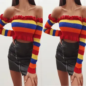 

2018 New Womens Off Shoulder Shirt Crop Tops Long Sleeve Blouse Jumper Vest Cami Tank Top Sweater Outwear