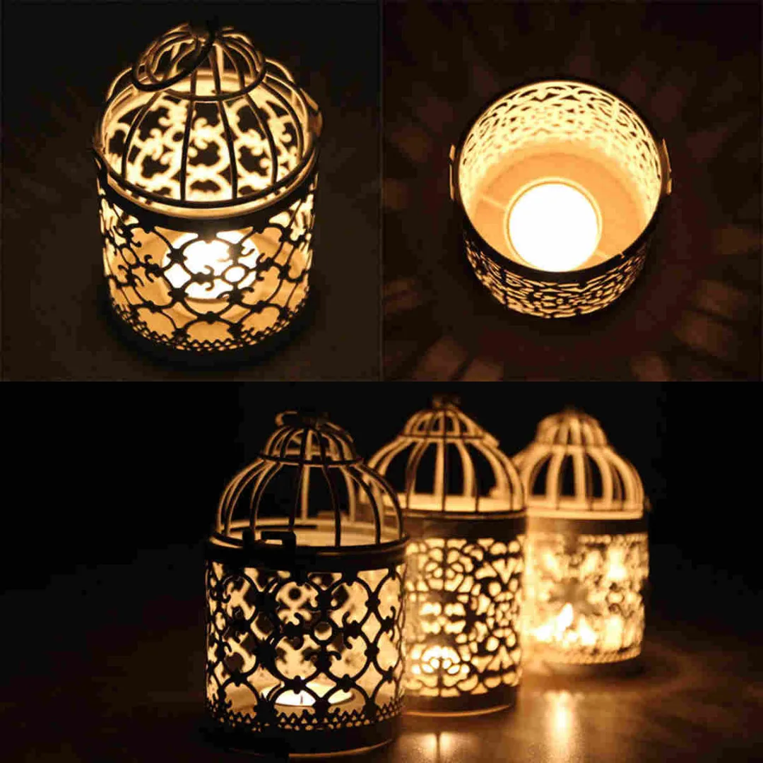 

1pc Metal Hollow Candle Holder Tealight Candlestick Hanging Lantern Bird Cage White
