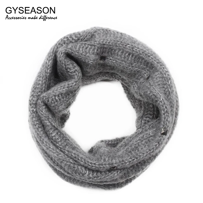 

Knitted LIC For Women Winter Infinity Scarves Tube Dark Gray Rivet Mohair Snood Girl's Winter Warm Neck Collar Female Scarf Ring