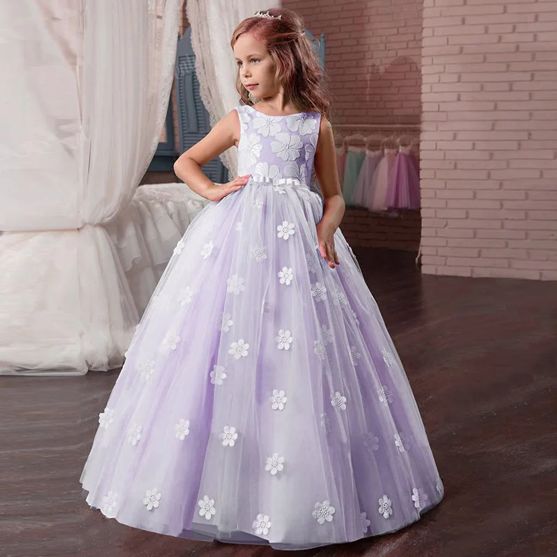 Пышные кружевные вечерние платья с цветочным узором для девочек; платье принцессы для первого причастия; костюм-пачка для малышей; одежда для детей; бальное платье для девочек - Цвет: purple