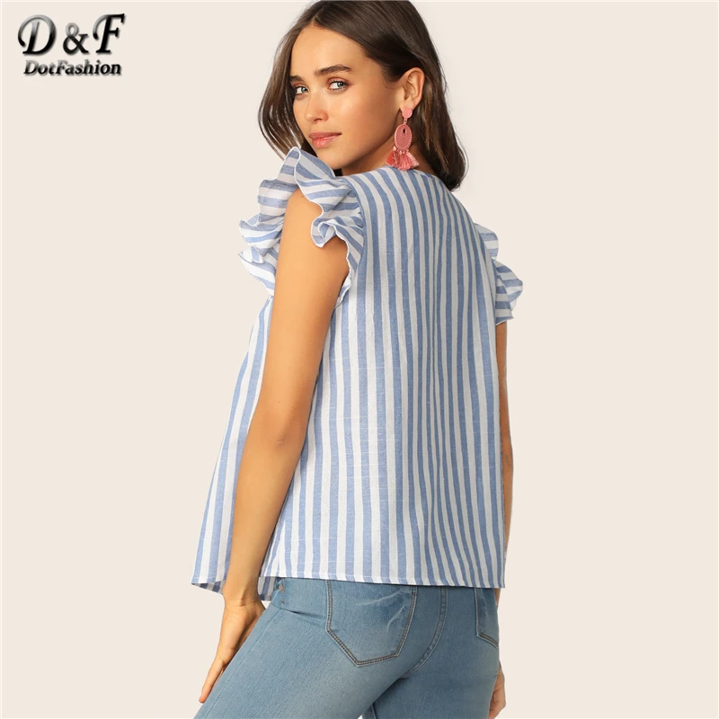 Dotfashion V-cut Neck Blouse Women Ruffle Armhole Floral Embroidered Summer Top 2019 Fashion Blouses For Women Blue Striped Tops