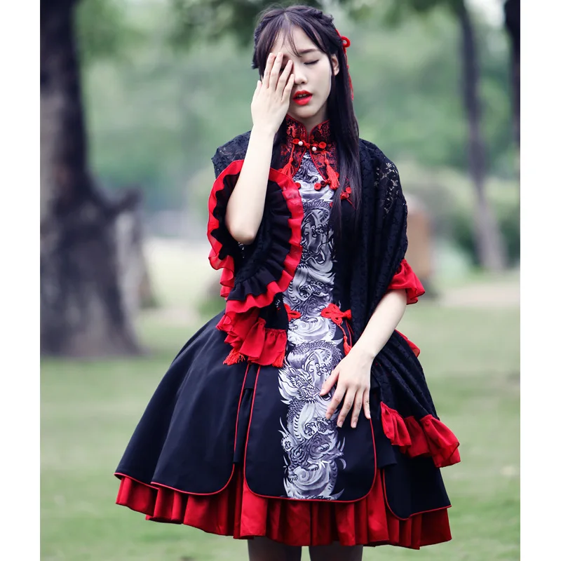 

2018 new fashion Chinese style sweet Dragon print element girls sweet Lolita dresses Retro palace Gothic Lolita dress S-3XL