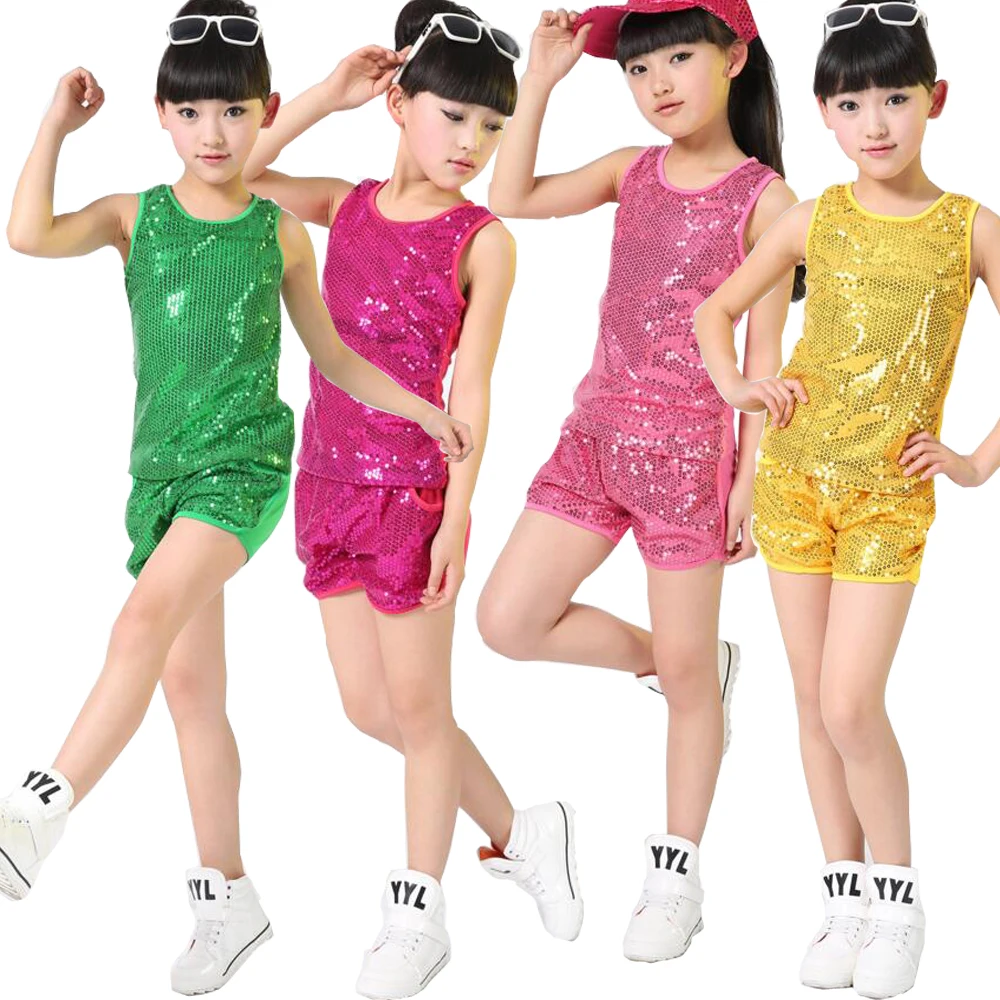 Детские современные танцевальные топы с блестками + штаны детские костюмы для
