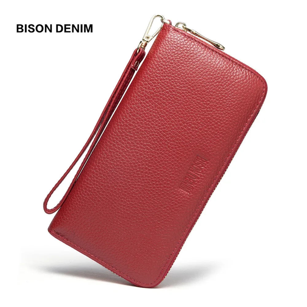 

BISON DENIM Genuine Leather Women Wallets Long purse female zipper wristlet strap long purse for coin/phone/credit card N3271