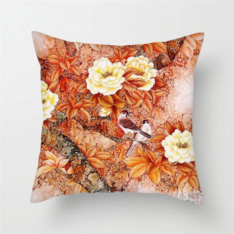 Fuwatacchi Rose Peony Flowers Cushion Cover Plum Blossom Grass Pillow Cases For Home Sofa Chair Decorations Birds Pillowcases