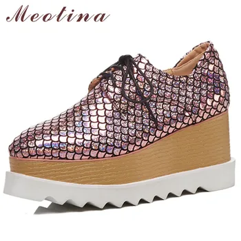 

Meotina Women Shoes High Heels Kid Suede Glitter Platform Wedge High Heel Shoes Luxury Genuine Leather Pumps Lady Big Size 3-10