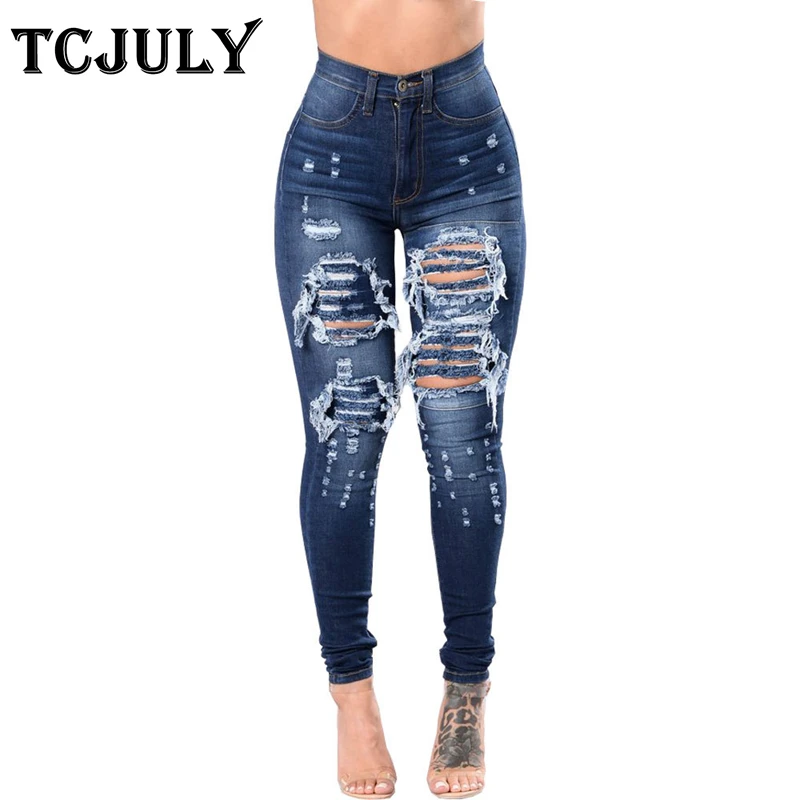 

TCJULY Cotton Skinny Push Up Torn Jeans Stretching Ripped Denim Full Length Pants Cowboys Streetwear Casual Blue Jeans For Women