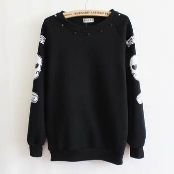 

Harajuku Black Pullover Skull Rivet Cool Hoodies Streetwear Black Long Sleeves Women Pullover Cute Fashion O-Neck Hoodies