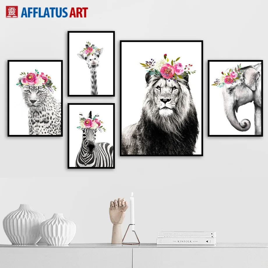 

Flower Lion Giraffe elephant zebra Wall Art Canvas Painting Nordic Posters And Prints Animal Wall Pictures For Living Room Decor
