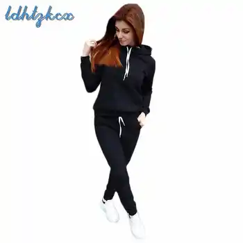 

Women Set 2018 Autumn Winter New Casual Black Plus Size Hooded Hoodies and Pants Two Piece Sets Fashion Clothing Feminina LD93