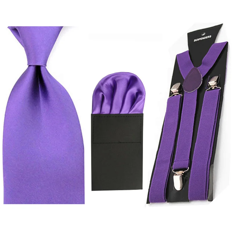  Men's Solid 8cm Necktie Party Handkerchief Pocket Square Braces Suspender Set SETBW0054