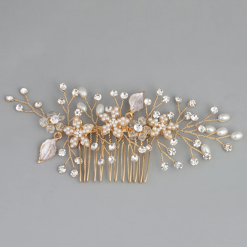 

bride painted leaf white pearl flower with crystal handmade unique graceful hair combs wedding women hair accessory