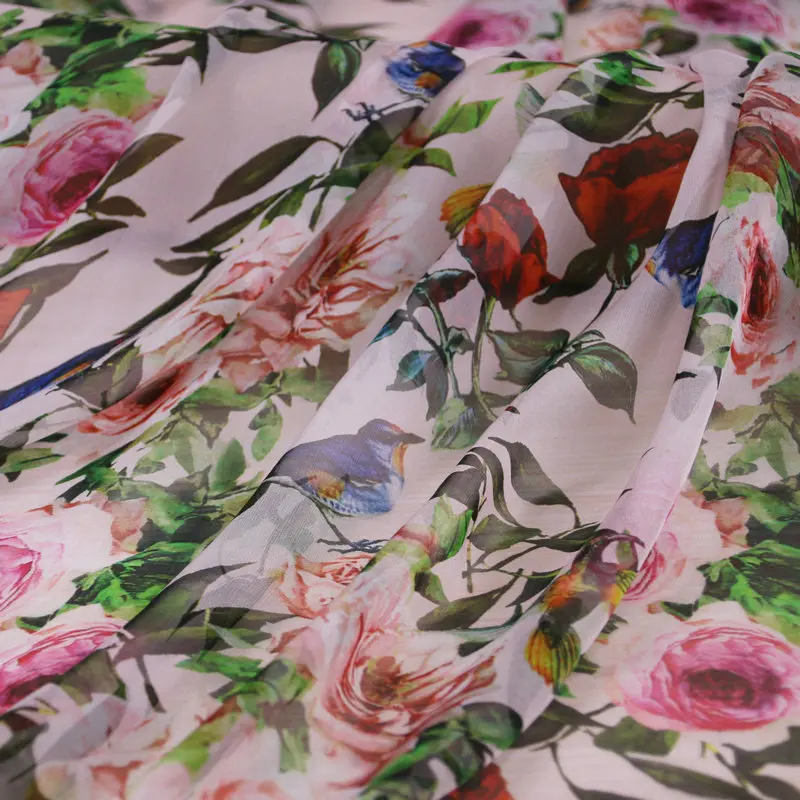 Тонкая шелковая шифоновая ткань с принтом в виде птиц и роз, шелк тутового шелкопряда, шифоновая одежда, женская рубашка, платье tissu au metre