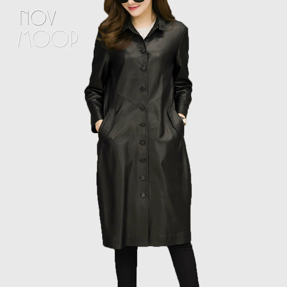 

Shirt style women black genuine leather trench coat casual Long real lambskin leather outwear dames jassen LT1938 FREE SHIPPING