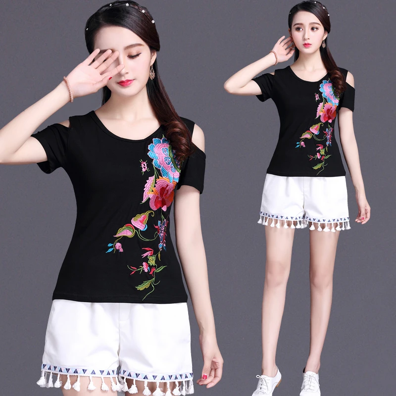 Модные Camisetas Mujer летняя футболка в китайском стиле женские винтажные футболки Harajuku пуловер Хлопок Вышивка o-образным вырезом Короткие