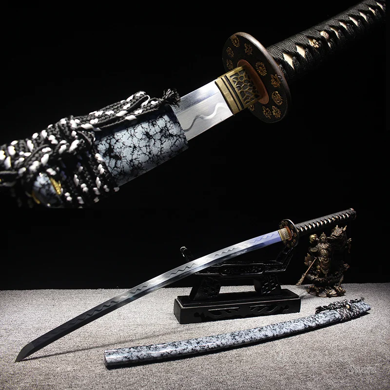 Handmade Real Katana 1095 Carbon Steel Heat Tempered Full Tang Wooden Sheath Marble Color Lacquer Seires-Sharp Edge Sword