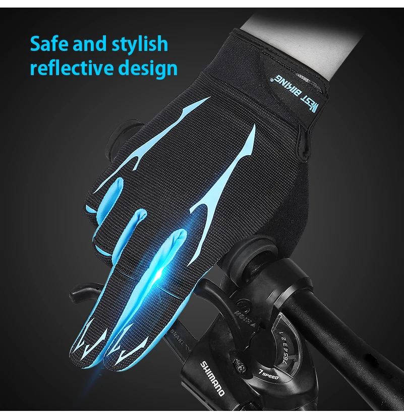 WEST BIKING велосипедные перчатки на полный палец, гелевые Светоотражающие перчатки с сенсорным экраном для горного велосипеда, воздухопроницаемые велосипедные перчатки, противоударные перчатки для активного отдыха