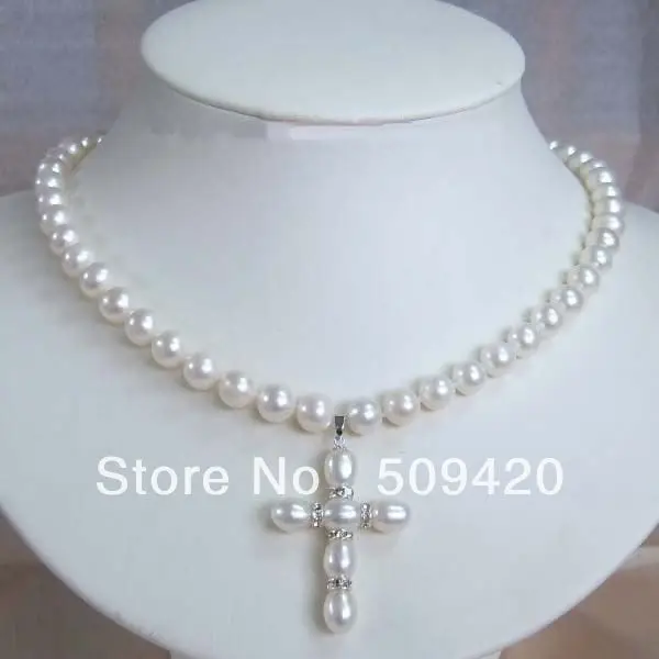 

Free ShippingJEWELRY 7-8MM PEARL AND PEARL CROSS PENDANT NECKLACE