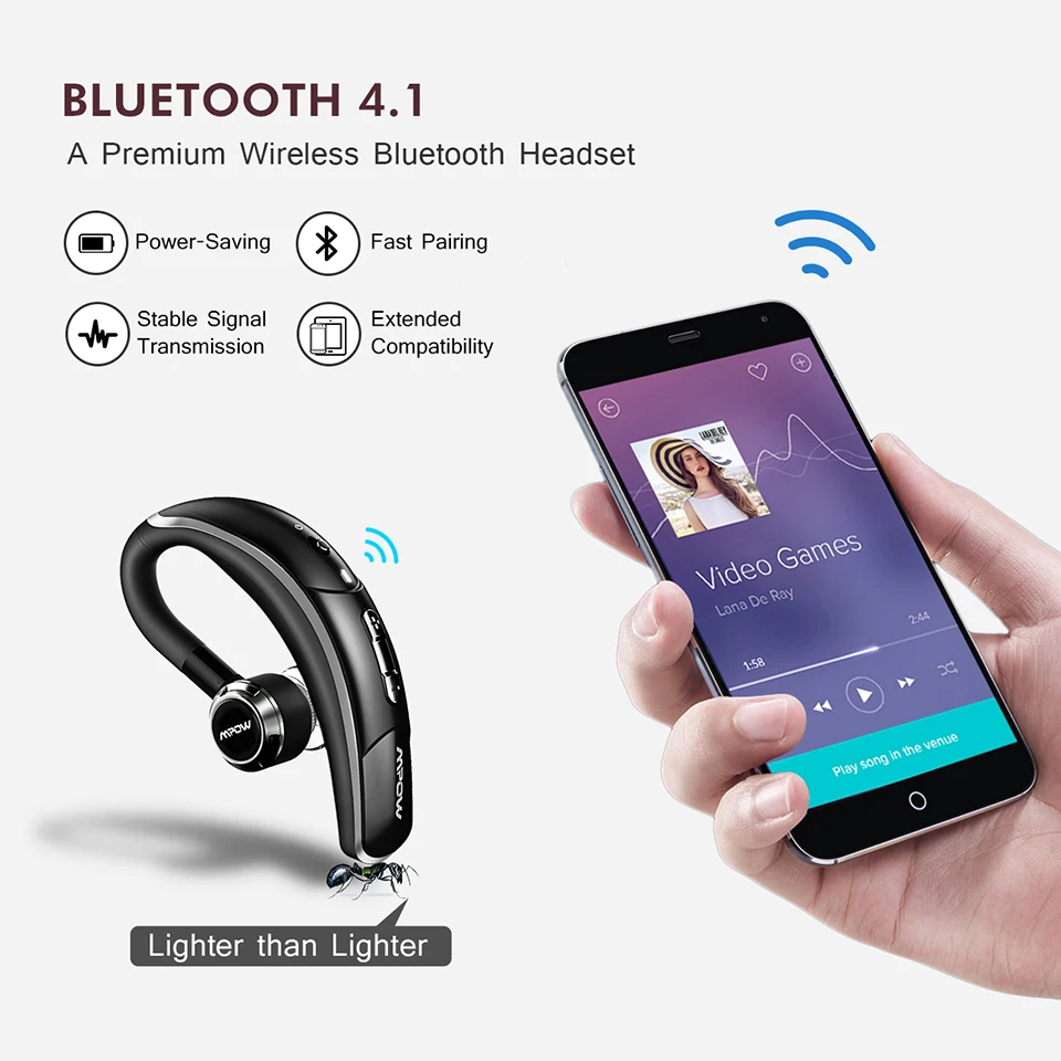 Mpow BH028 Bluetooth наушники одиночные Беспроводные наушники с 6 часами воспроизведения Handsfree Вызов для водителя автомобиля Бизнес Стиль