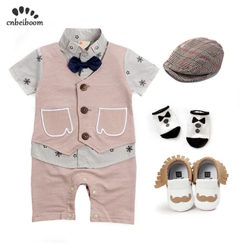 

Toddler boys rompers sets high quality cotton vest jumpsuits +hat+sock+shoes clothing sets baby newborn first birthday clothes