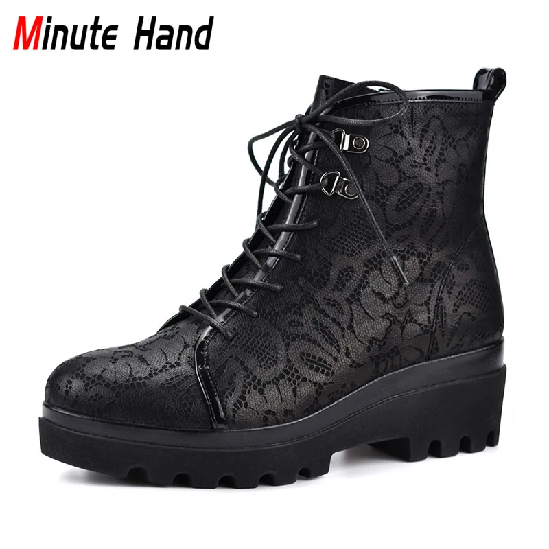 

Minute Hand New Fashion Print Cow Leather Lady Boots Lace Up Thick High Heels Zipper Platform Ankle Boots Winter Warm Wool Shoes