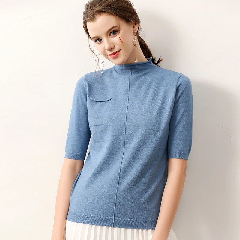 

addonee Spring Summer 2019 High Elastic Knit O-Neck Women's Half-Sleeve Ice Silk Linen Slim Sweater