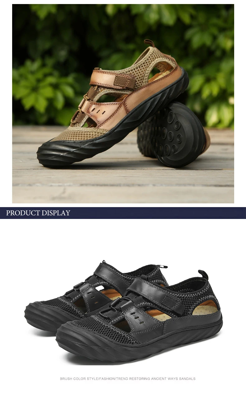 Летние защитные мужские сандалии из кожи и сетчатого материала; дышащая мужская летняя обувь для отдыха; водонепроницаемая обувь; пляжные сандалии