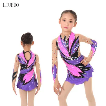 

Girl Women rhythmic gymnastics performance suit Artistic gymnastics dressMulti-color Purple pink lines Ice Skating Dance costume
