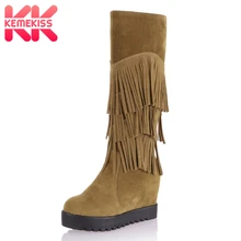 KemeKiss/женские ботинки до середины икры на плоской подошве женская обувь с бахромой женские ботинки с высоким берцем с круглым носком пикантные ботинки с бахромой, размер 34-43