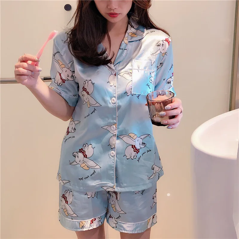 Goede Caiyier Roze Leuke Dumbo Print Zijde Pajama Sets 2019 Zomer Shorts Mouw Nachtkleding Sexy Dames Lingerie Nachtkleding Homewear 5XL