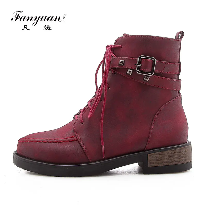

Fanyuan Fashion Autumn Platform Ankle Boots Zip Lace Up Flat Boots Ladies Rivet belt buckle Motorcycle boots Women Winter shoes