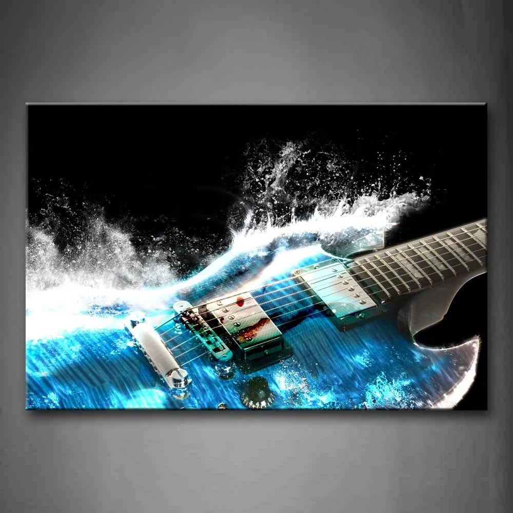 

Framed Wall Art Pictures Blue Guitar Waves Canvas Print Music Modern Poster With Wooden Frame For Home Living Room Decor